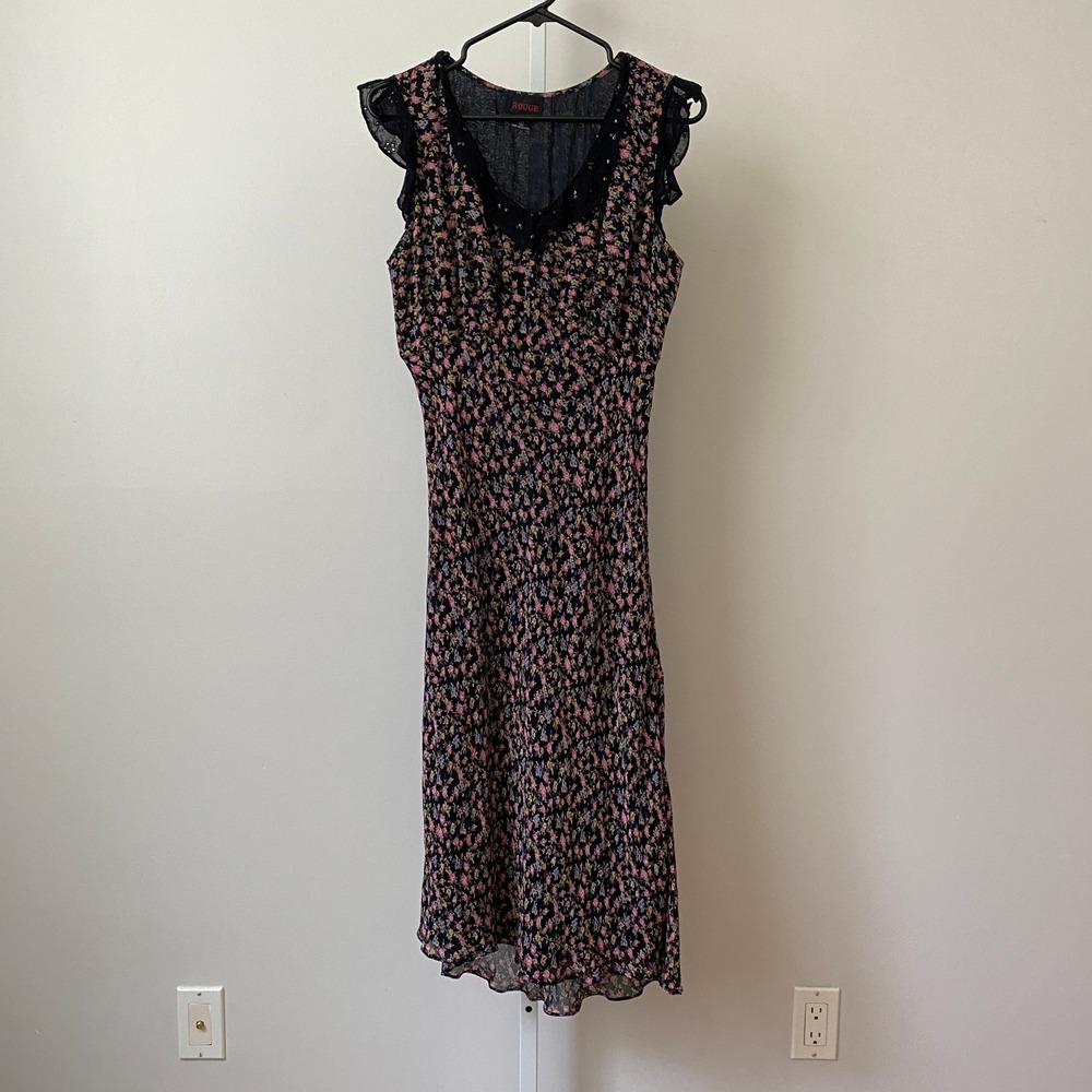 VTG‎ Rouge Whimsigoth Dark Fairy Dainty Floral Midi Dress L Black Peasant Summer